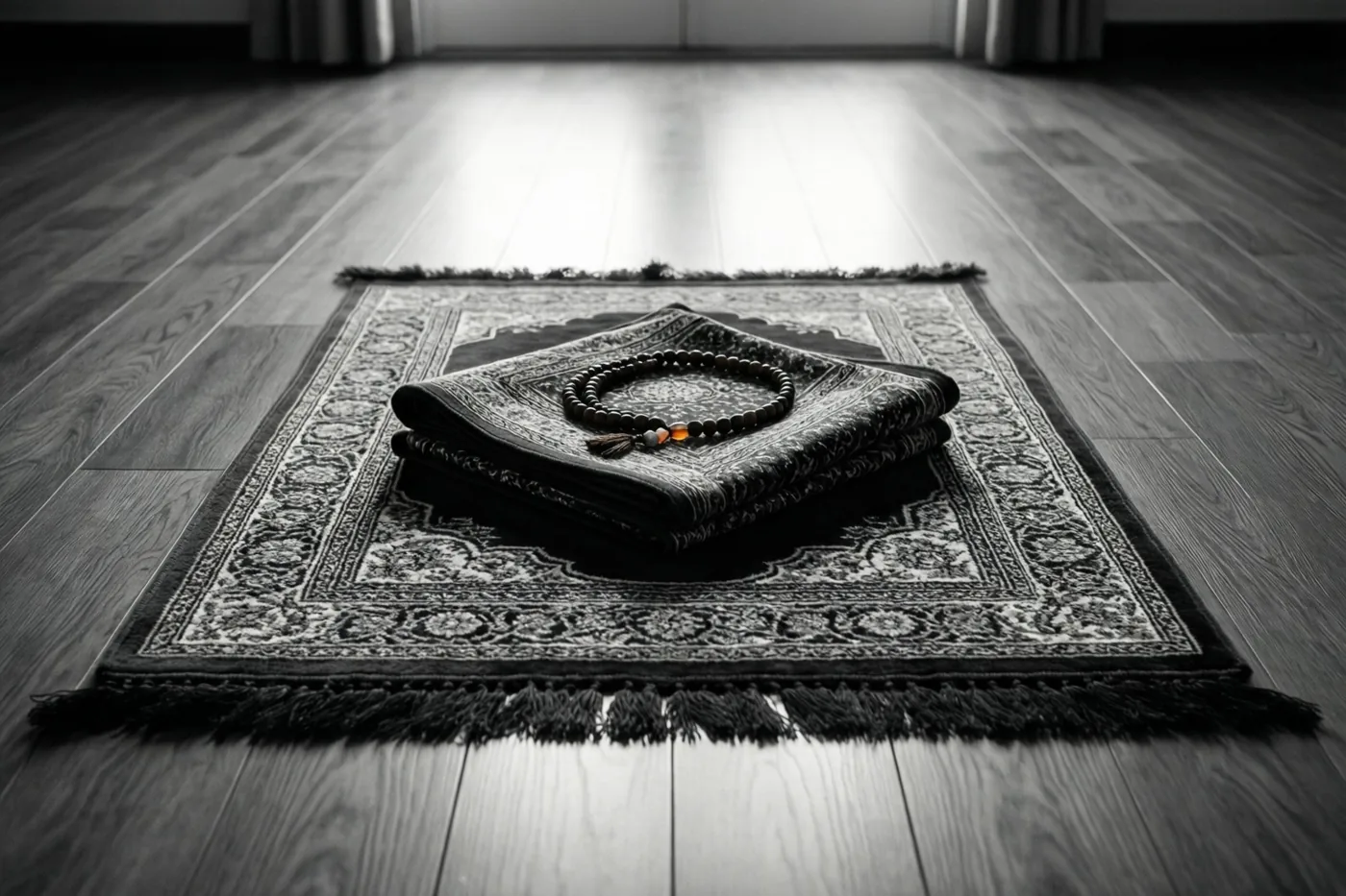Een opgevouwen gebedskleed met gebedskralen ligt in het ochtendlicht op een houten vloer, in een vrijwel monochroom beeld met warme tinten in de kralen.