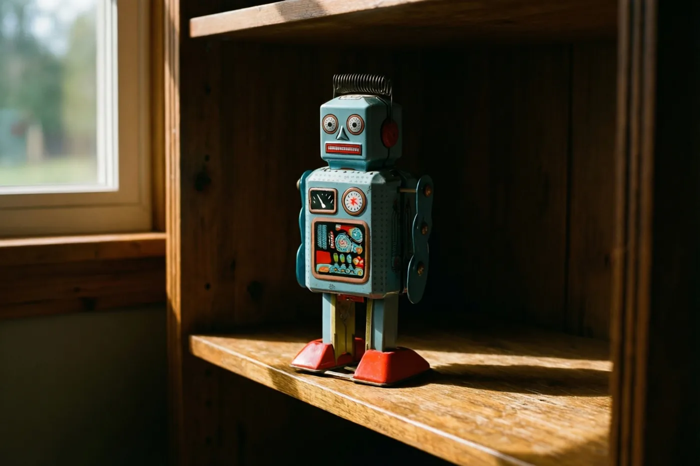 Een oude blikken opwindrobot staat op een houten plank in een kinderkamer, in het zonlicht van een nabijgelegen raam.