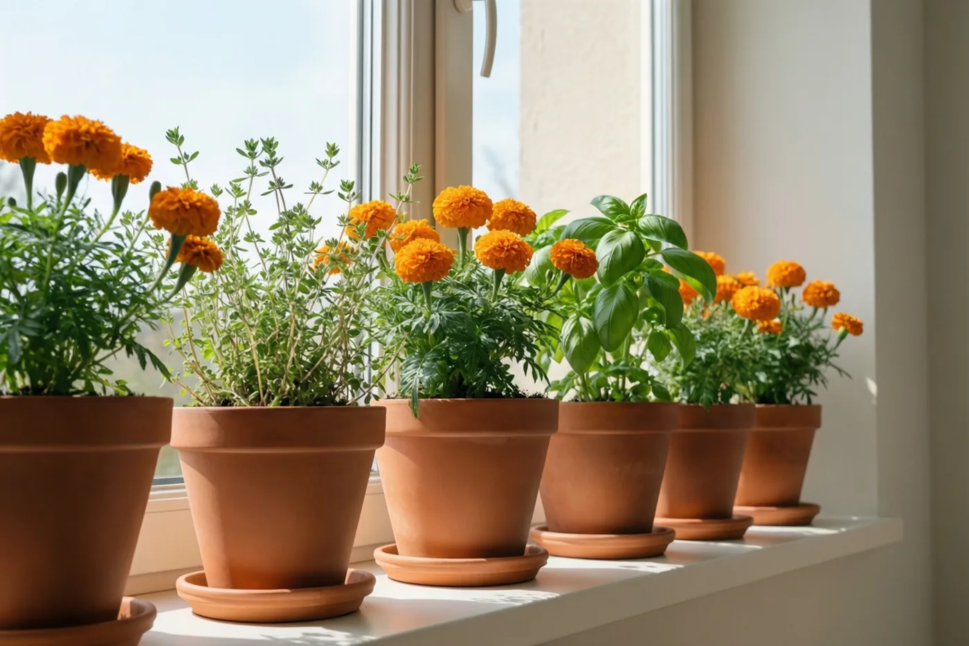 Oranje afrikaantjes, basilicum en tijm staan in terracotta potten op een zonnige vensterbank bij een wit raamkozijn.