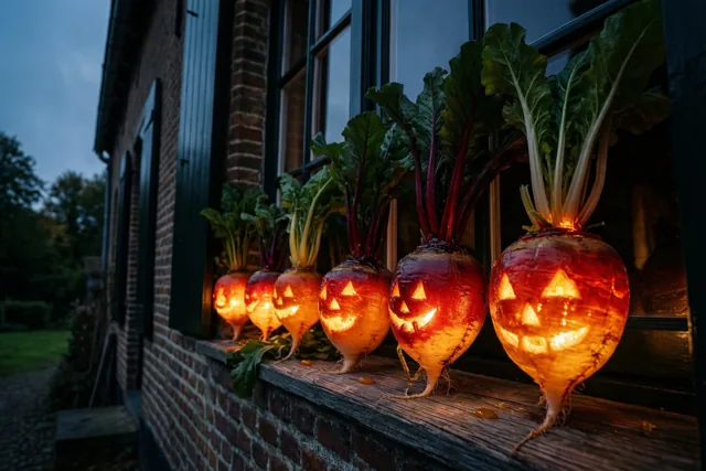 Uitgesneden suikerbieten met gezichten staan op de houten vensterbank van een bakstenen boerderij en gloeien oranje tegen de koele blauwe avondlucht.
