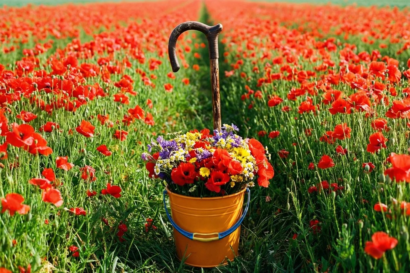 Een feloranje emmer vol kleurrijke bloemen staat in een veld met rode klaprozen, met een oude houten wandelstok ertegenaan in warm zonlicht.
