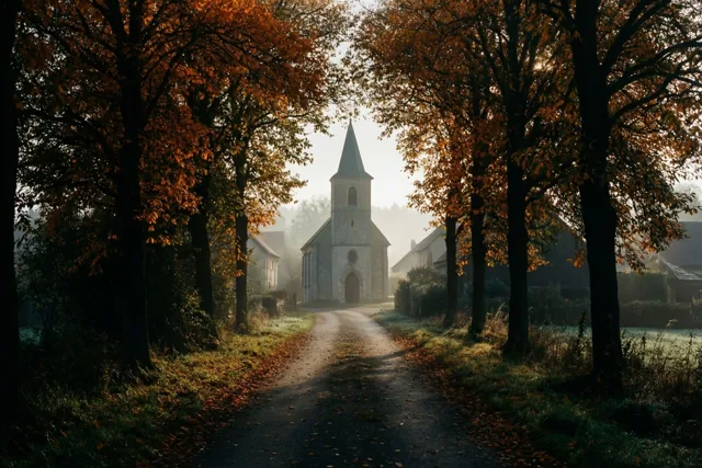 Herfstlicht op weg naar de kerk