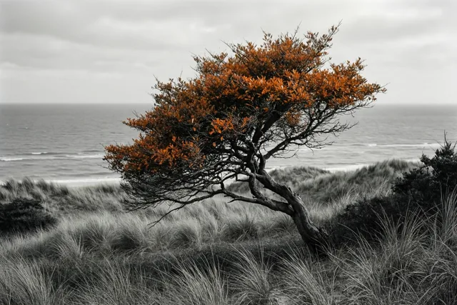 Oranje herfst tegen grijze zee