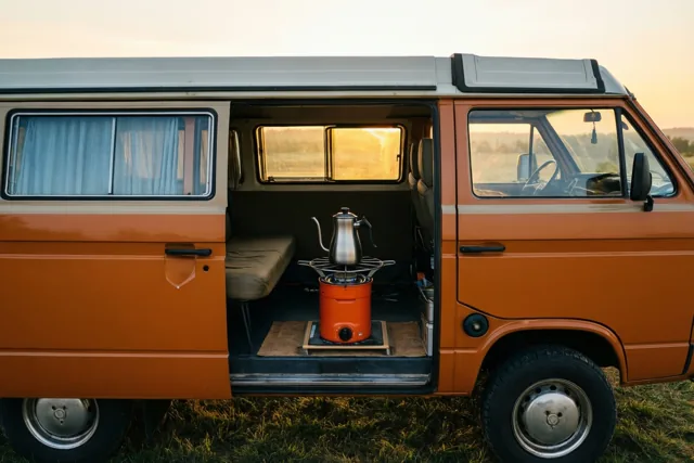 Weekendkoffie in de oranje camper
