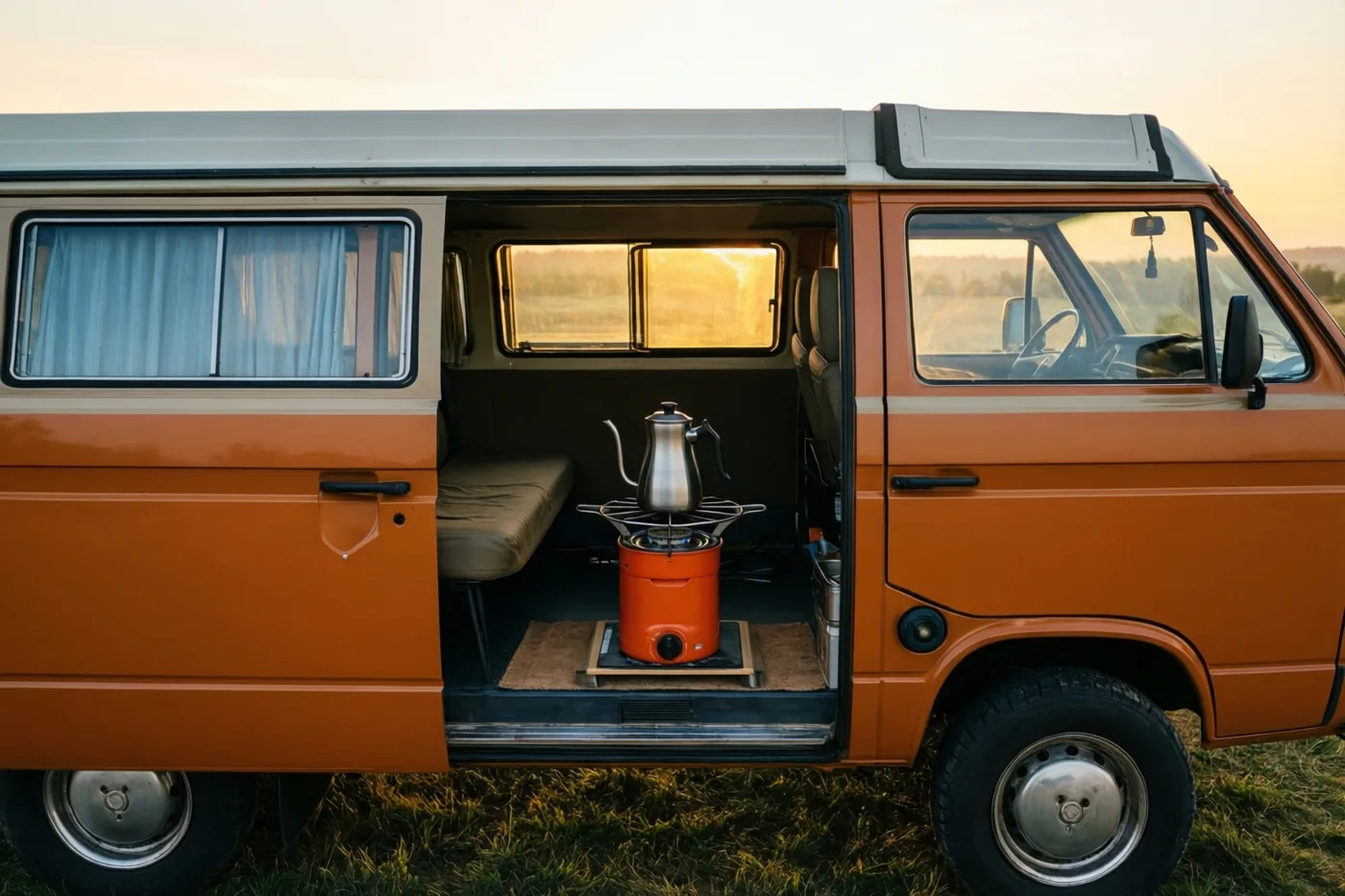 Een oranje vintagecamper staat met open zijdeur in een grasveld bij zonsopgang, met een koffiepot op een kampeervuurtje binnenin en goudkleurig licht op het interieur en het gras.