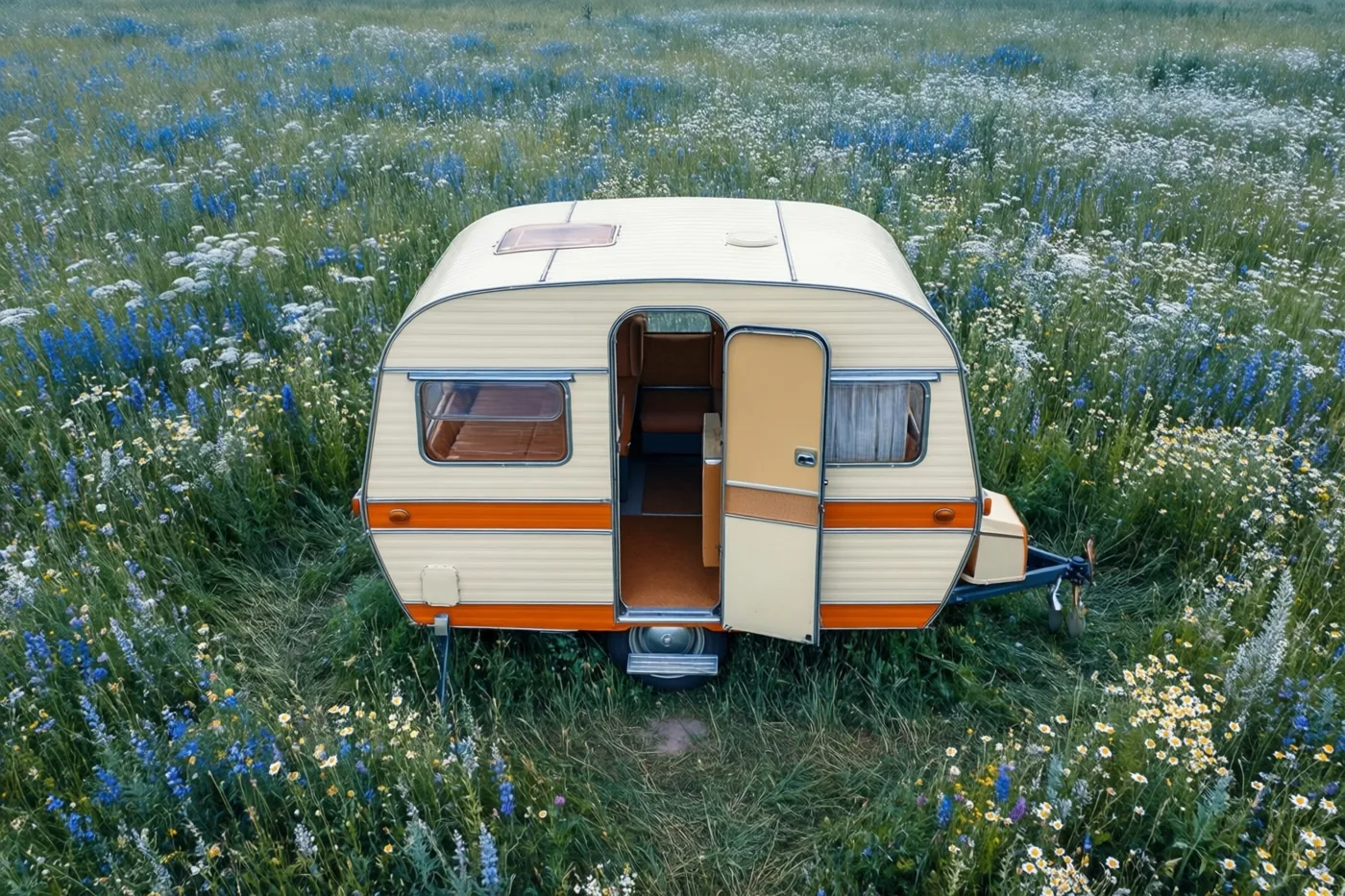 Een kleine crèmekleurige en oranje caravan uit de jaren zestig staat met open deur in een weide vol blauwe, witte en gele wilde bloemen.