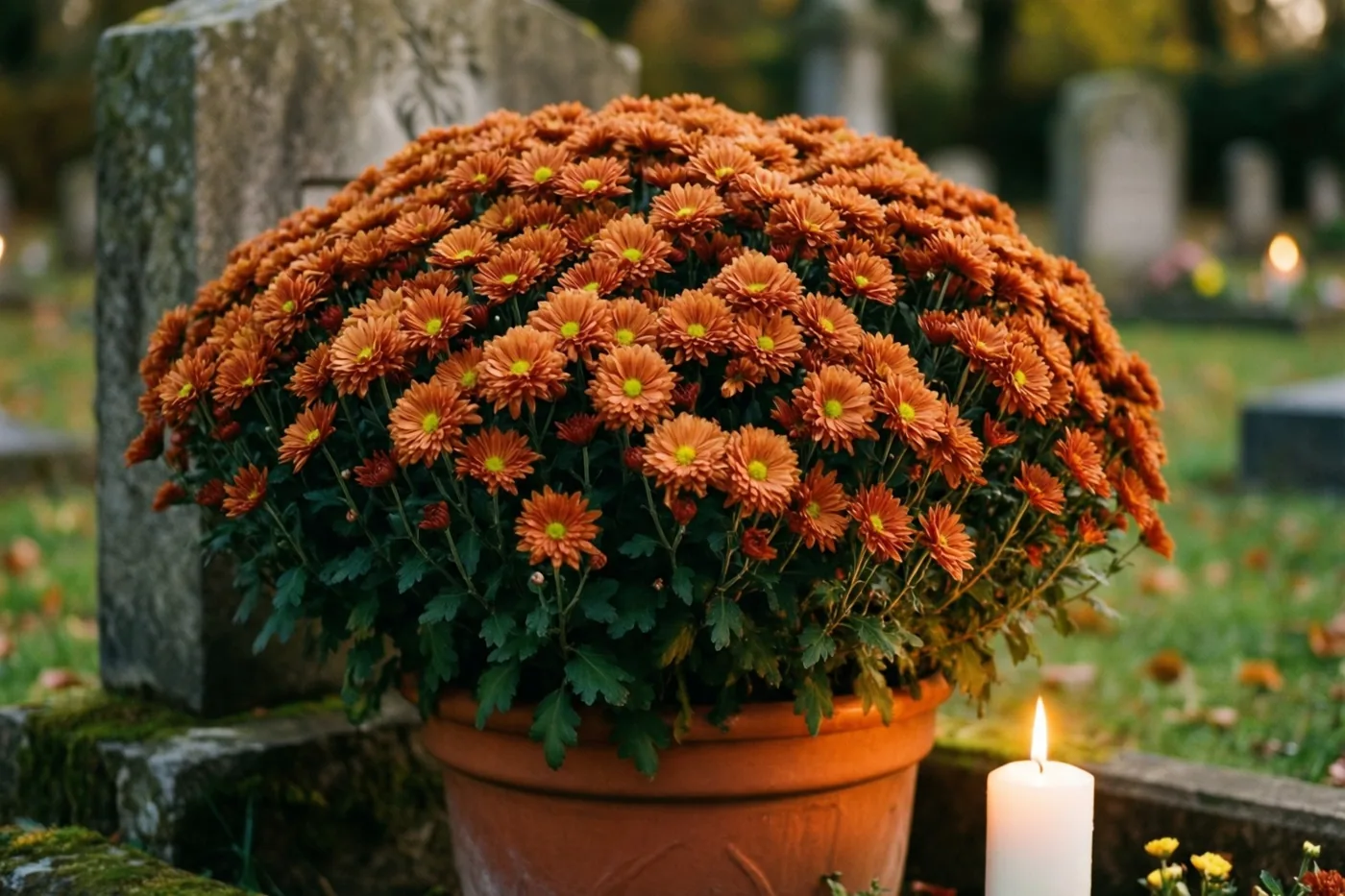 Een grote pot roestoranje chrysanten staat naast een brandende witte kaars op een stenen graf, met onscherpe grafstenen op de achtergrond.