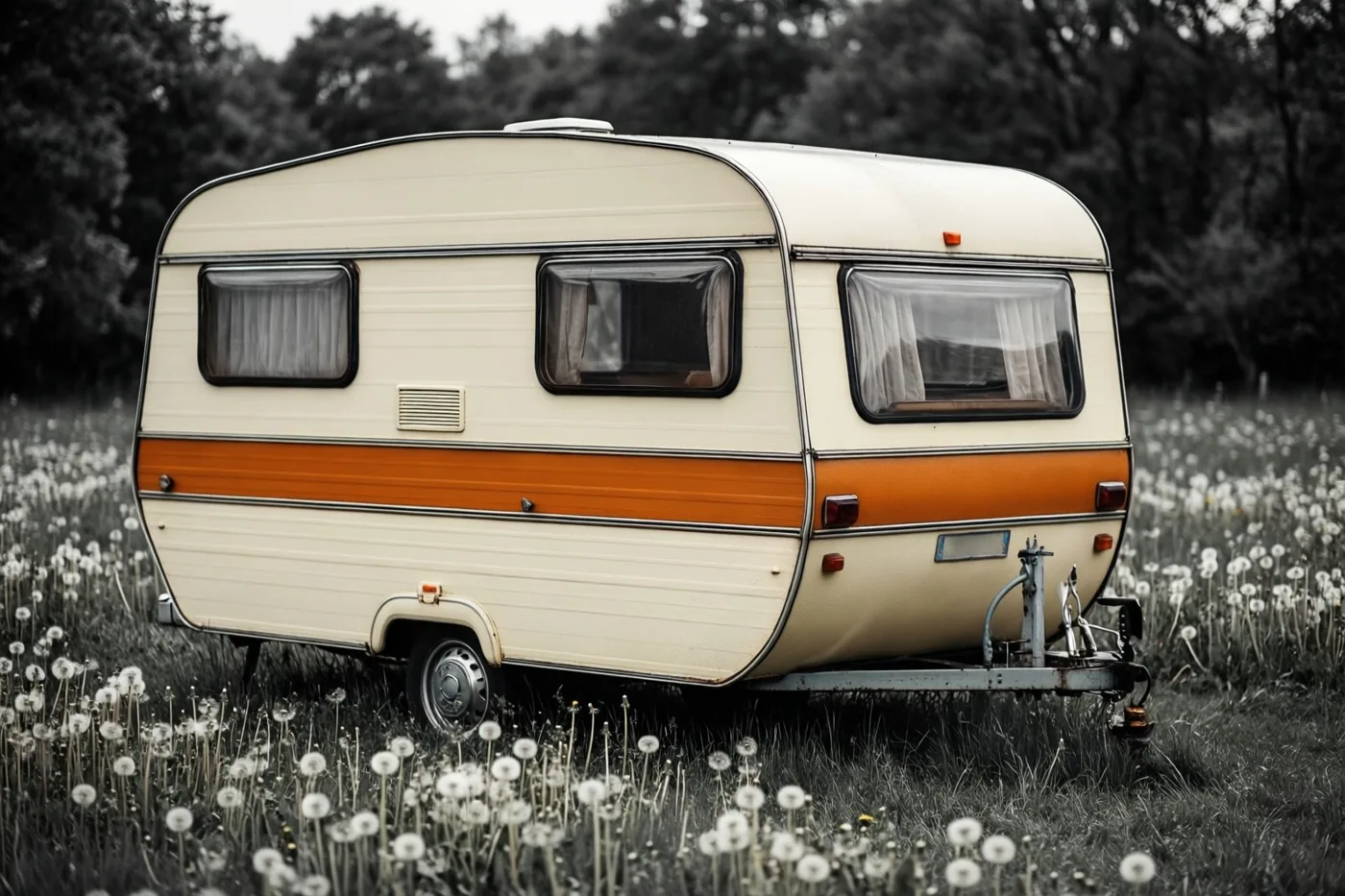 Een crèmekleurige en oranje caravan uit de jaren zeventig staat in een weide vol paardenbloemen met bomen op de achtergrond.
