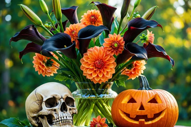 Een glazen vaas met oranje dahlia's en zwarte calla's staat buiten naast een mensenschedel en een uitgesneden pompoen, voor een wazige groen-gele achtergrond.