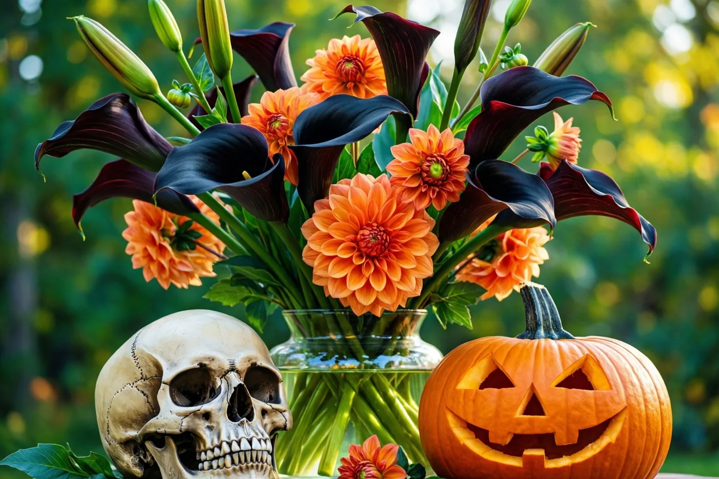 Een glazen vaas met oranje dahlia's en zwarte calla's staat buiten naast een mensenschedel en een uitgesneden pompoen, voor een wazige groen-gele achtergrond.