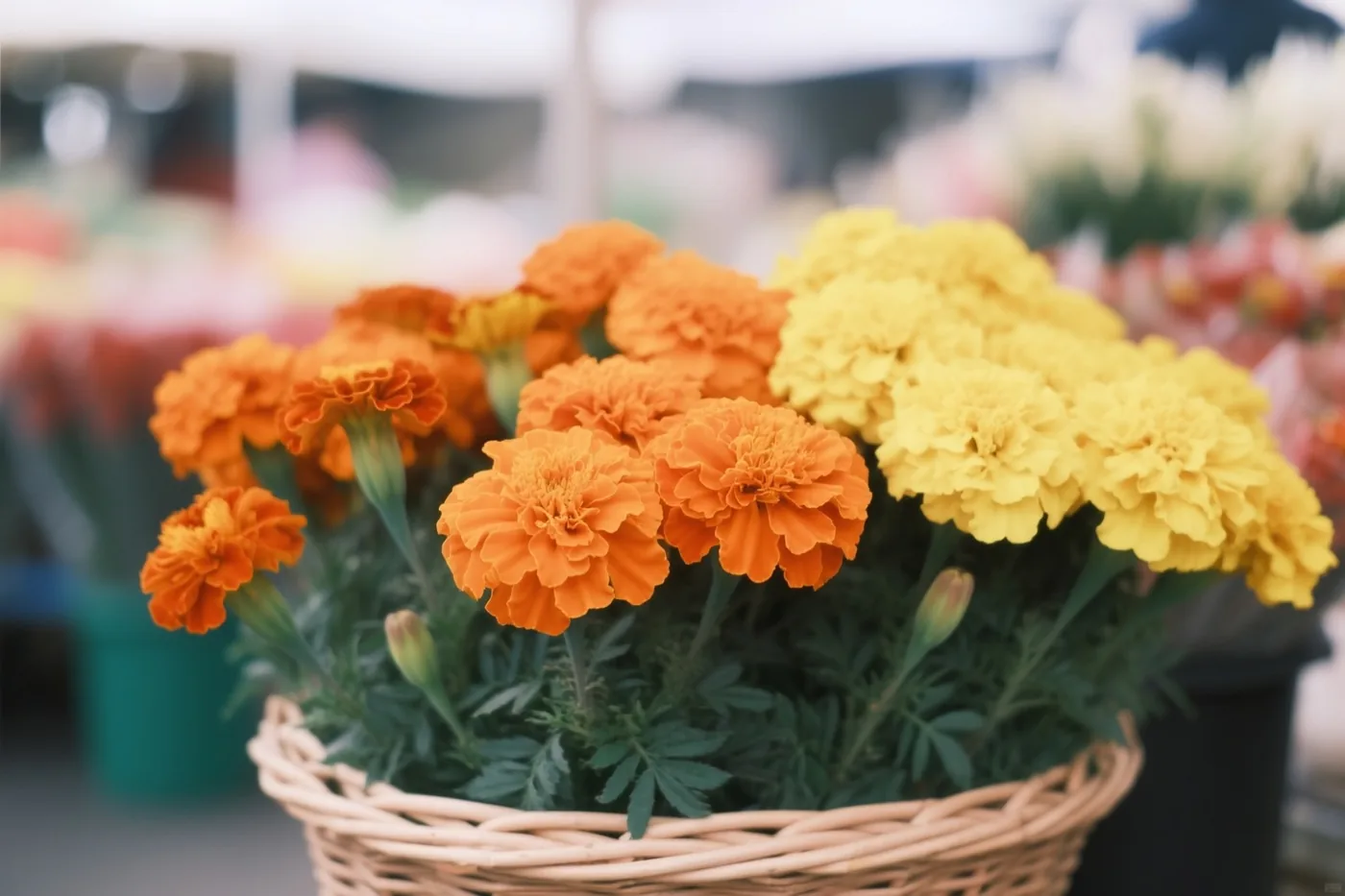 Een mand met oranje en gele afrikaantjes staat op een bloemenmarkt, met groen blad rond de bloemen.