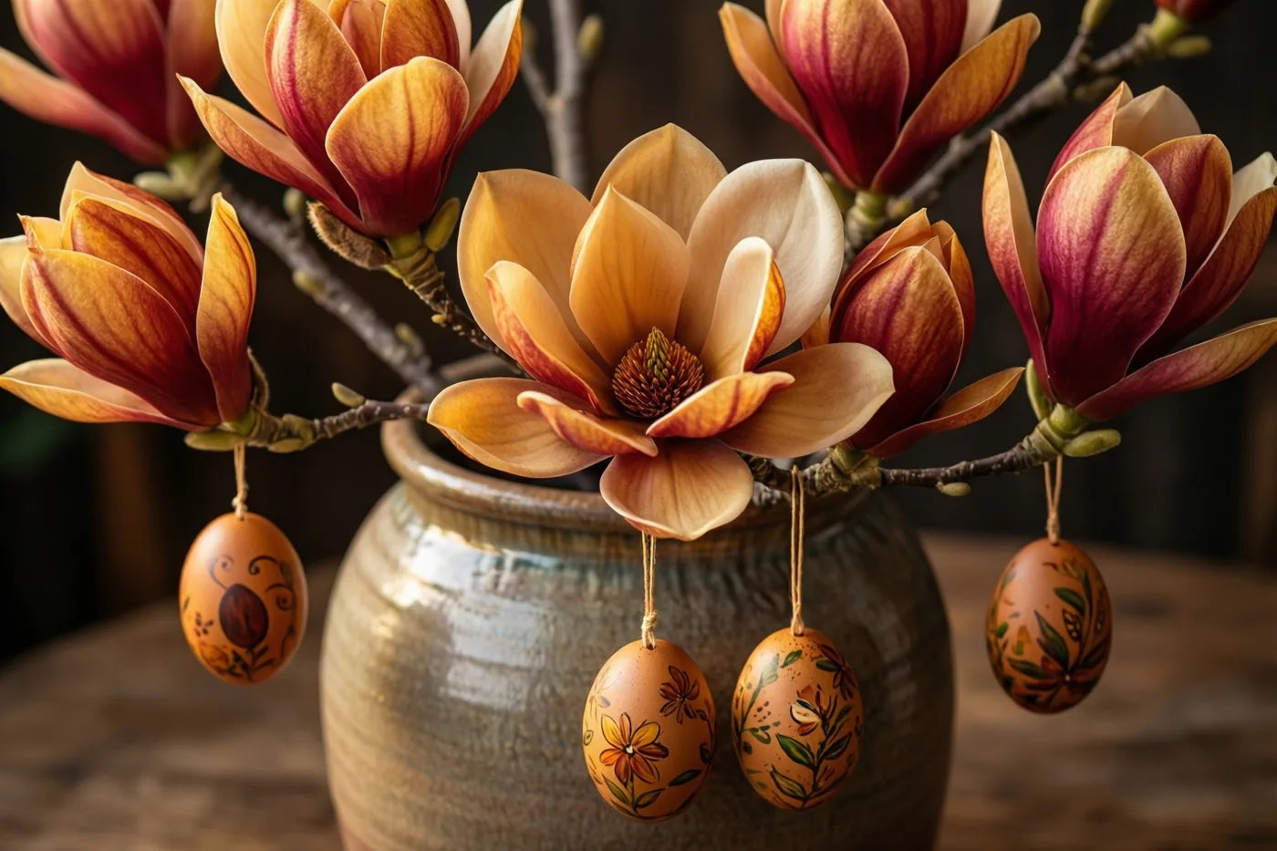 Een magnoliatak met oranje en rode bloemen en handbeschilderde paaseieren staat in een vaas van steengoed op een houten oppervlak tegen een donkere achtergrond.