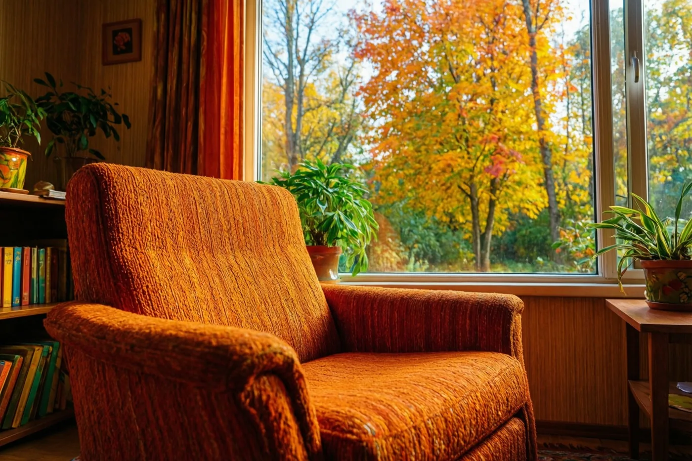 Een oranje fauteuil staat in een woonkamer in jarenzeventigstijl met houten wandbekleding en boekenrekken, bij een raam dat uitkijkt op bomen in herfstkleuren.