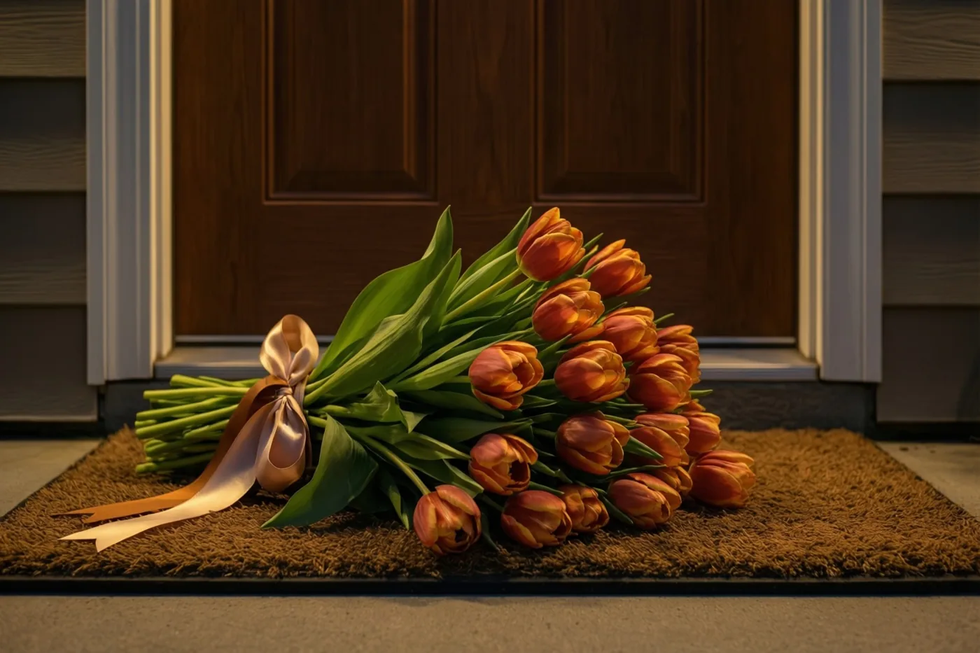 Een boeket oranje en gele tulpen met een beige lint ligt op een bruine deurmat voor een houten deur in warm licht.