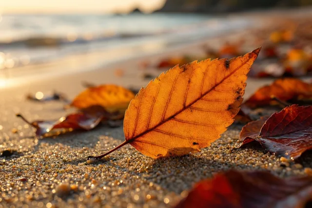 Een herfstblad aan zee