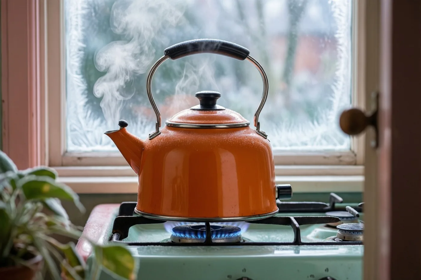Een oranje emaille ketel dampt boven een blauwe vlam op een groen gasvuur, met een berijpt raam en een potplant in de keuken.