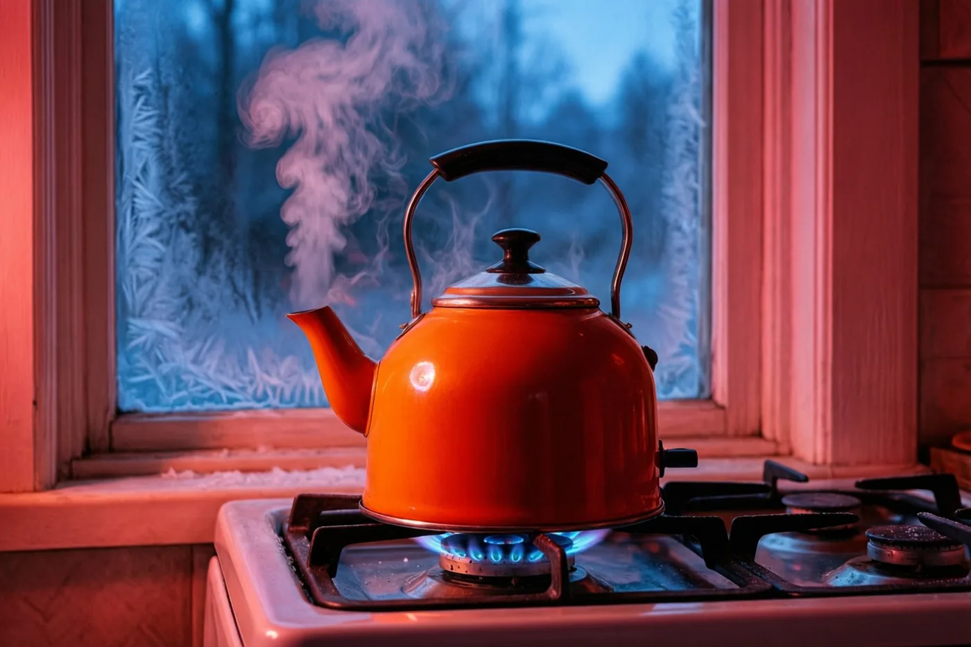 Een oranje emaille ketel dampt op een brandend gasvuur voor een raam met rijppatronen, met warm rood licht binnen en koele blauwe tinten buiten.