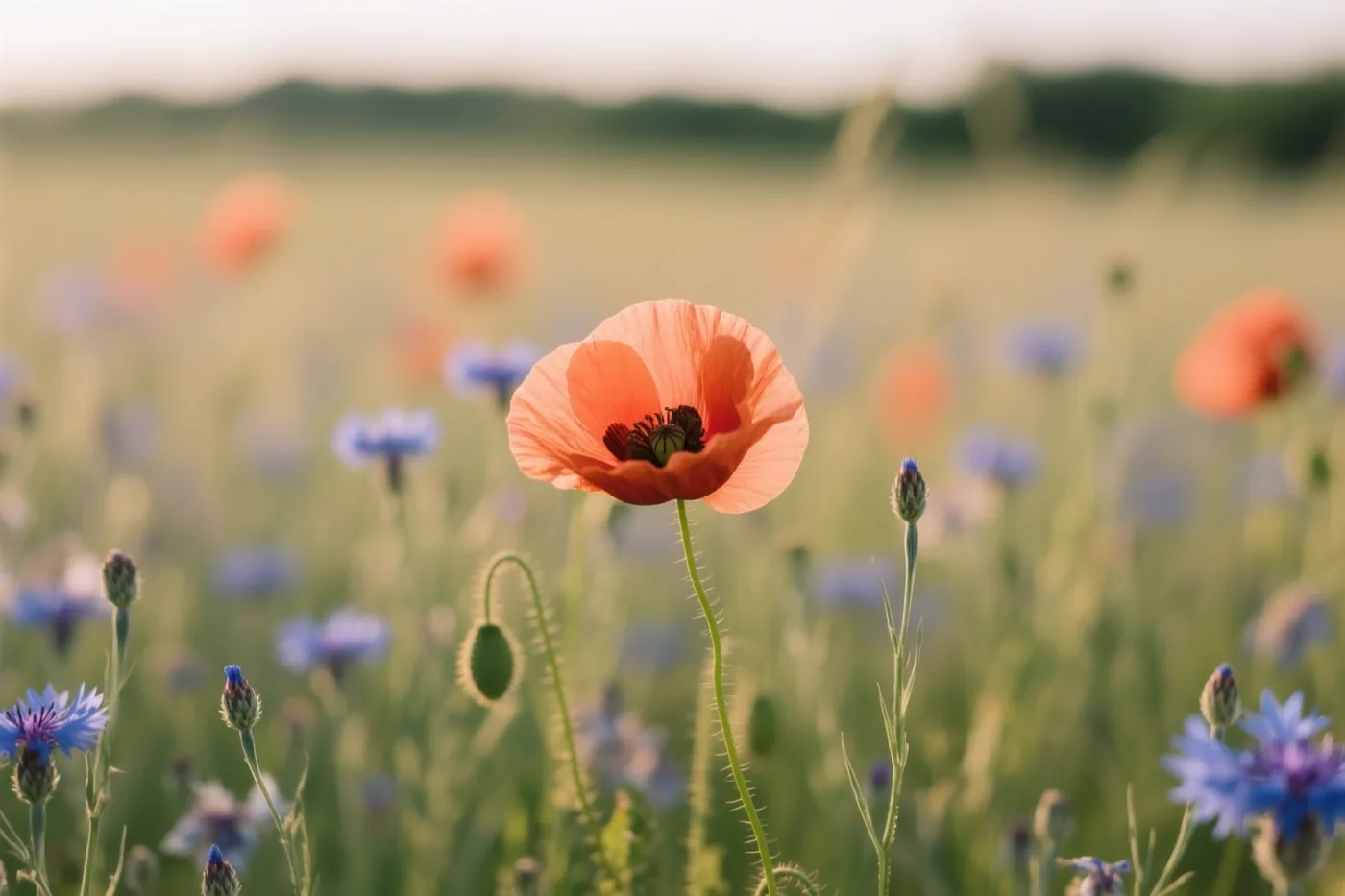 Een oranje klaproos staat scherp in beeld in een zonnige weide, met wazige blauwe korenbloemen en groen gras eromheen.