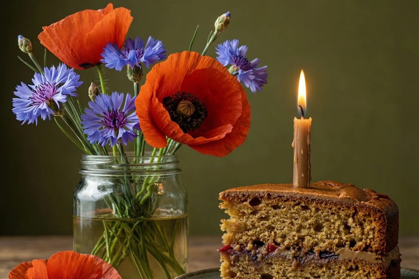 Een stuk laagjestaart met een brandend kaarsje staat naast een glazen pot met oranje klaprozen en blauwe korenbloemen, tegen een gedempte olijfgroene achtergrond in warm daglicht.