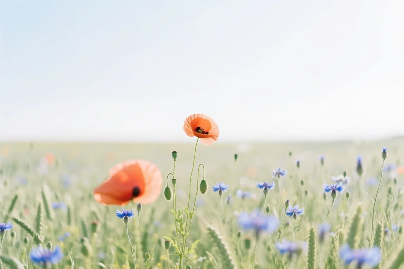 Oranje klaprozen en blauwe korenbloemen staan in een veld in zacht zomerlicht onder een heldere hemel.