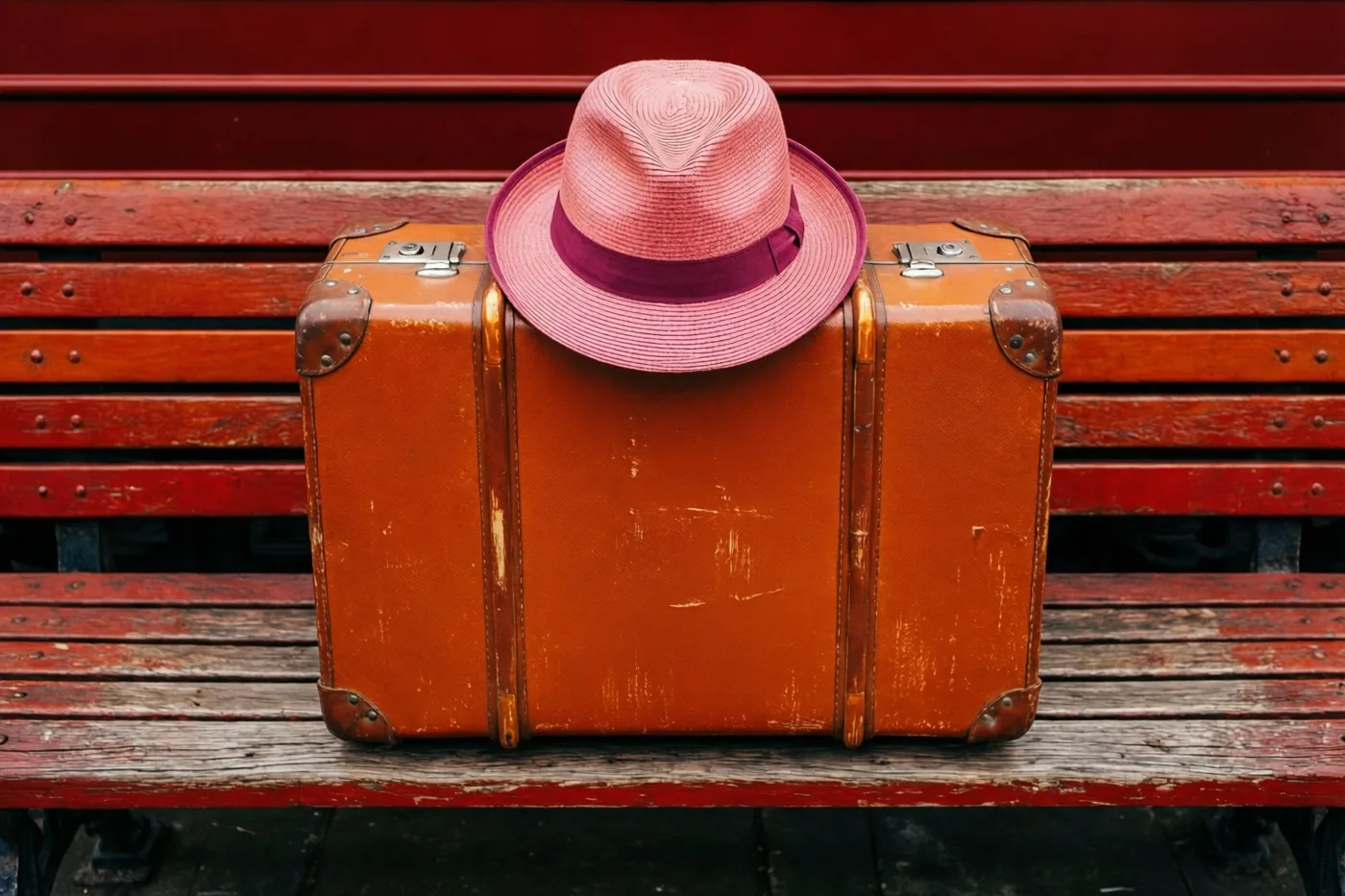 Een oude oranje koffer met een roze strohoed staat op een verweerde rode houten bank.