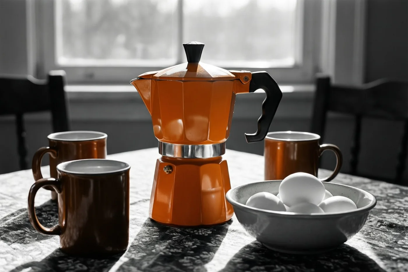 Een oranje koffiepot, bruine mokken en een kom gekookte eieren staan op een tafel in ochtendlicht uit een raam, met warme oranje, bruine en witte tinten.