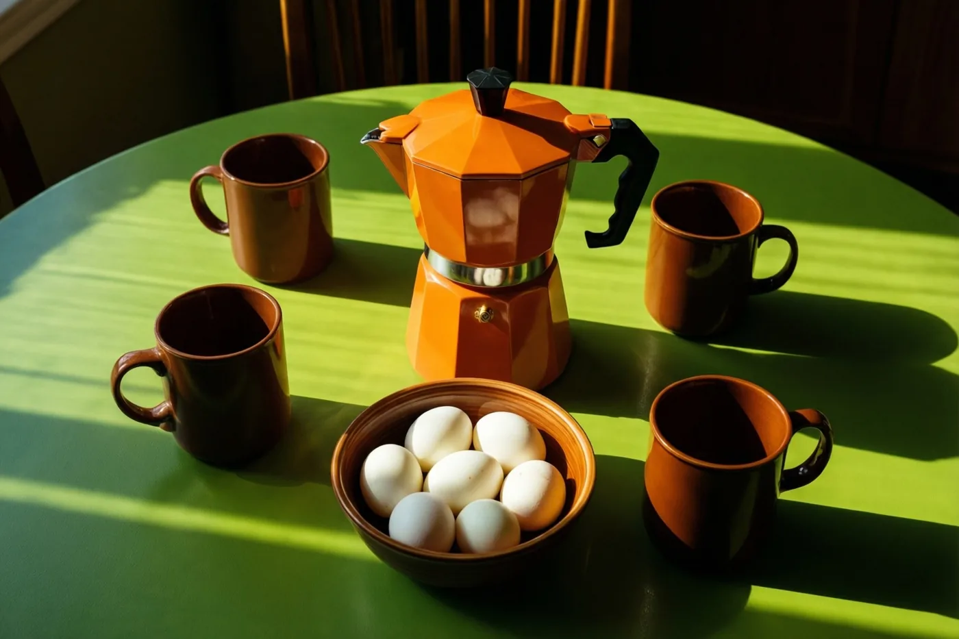 Een oranje koffiepot met geometrische vormen, vier bruine mokken en een kom gekookte eieren staan op een felgroene tafel in sterk ochtendlicht met duidelijke schaduwen.