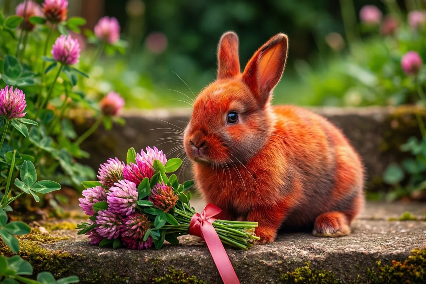 Een jong oranje konijntje zit op een bemoste tuintrede naast een boeketje roze klaverbloemen met een rood lint in een groene tuin.