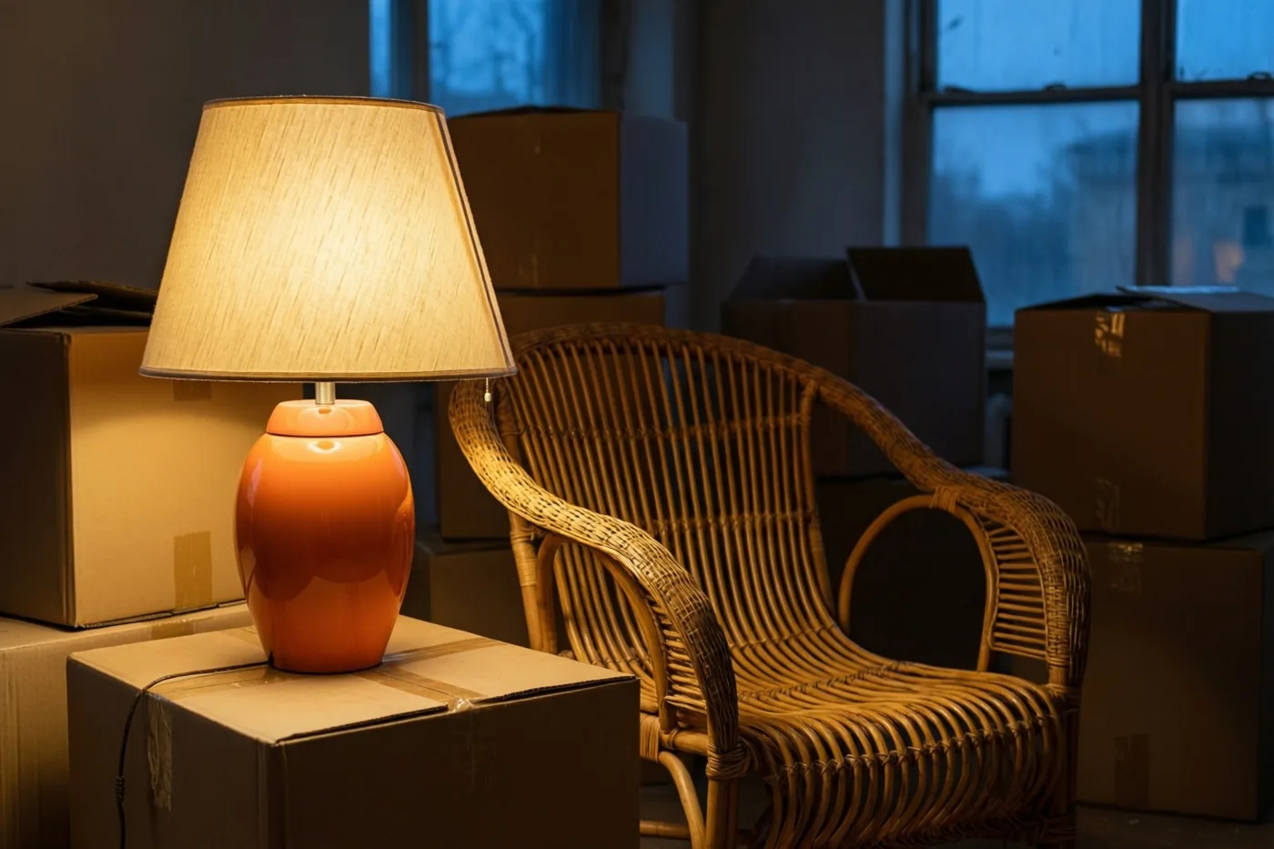 Een oranje keramieken lamp met een beige kap brandt op een kartonnen doos naast een rotan stoel, met verhuisdozen rondom en een koelblauw raam op de achtergrond.