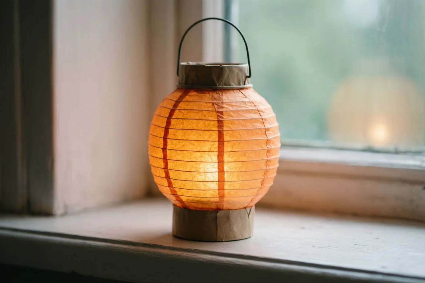 Een oranje papieren lampion met bruine papieren accenten gloeit op een houten vensterbank, met zacht daglicht door het raam erachter.