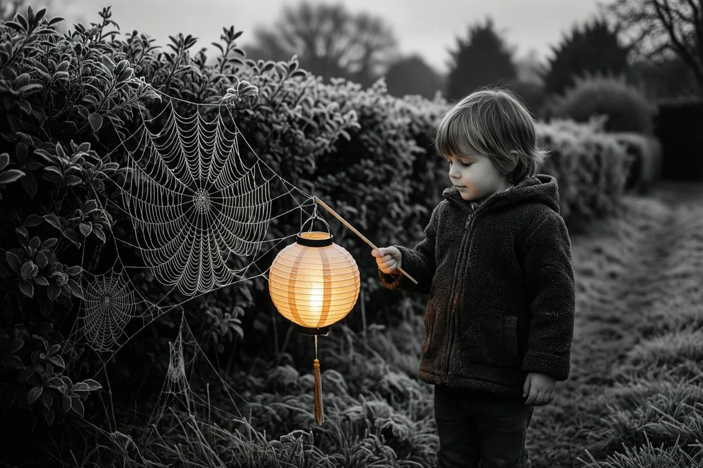 Een kind houdt bij schemering een papieren lantaarn aan een stok naast een berijpt spinnenweb in een haag, in een vrijwel monochroom beeld met een warme oranje gloed.
