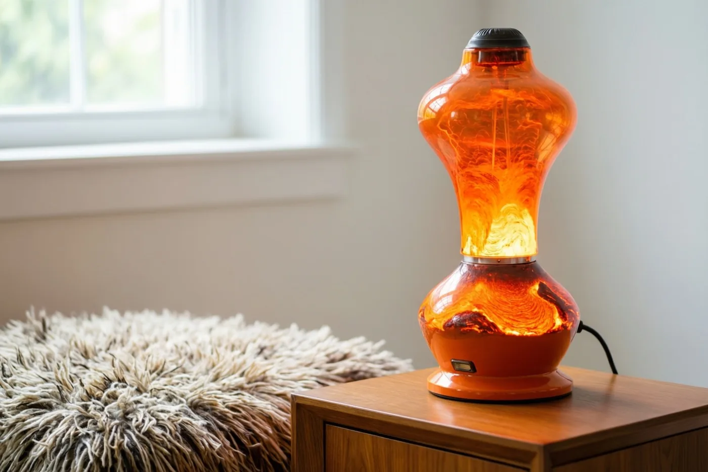 Een oranje lavalamp met wervelende vloeistof brandt op een houten bijzettafel naast een hoogpolig tapijt, met een raam op de achtergrond.