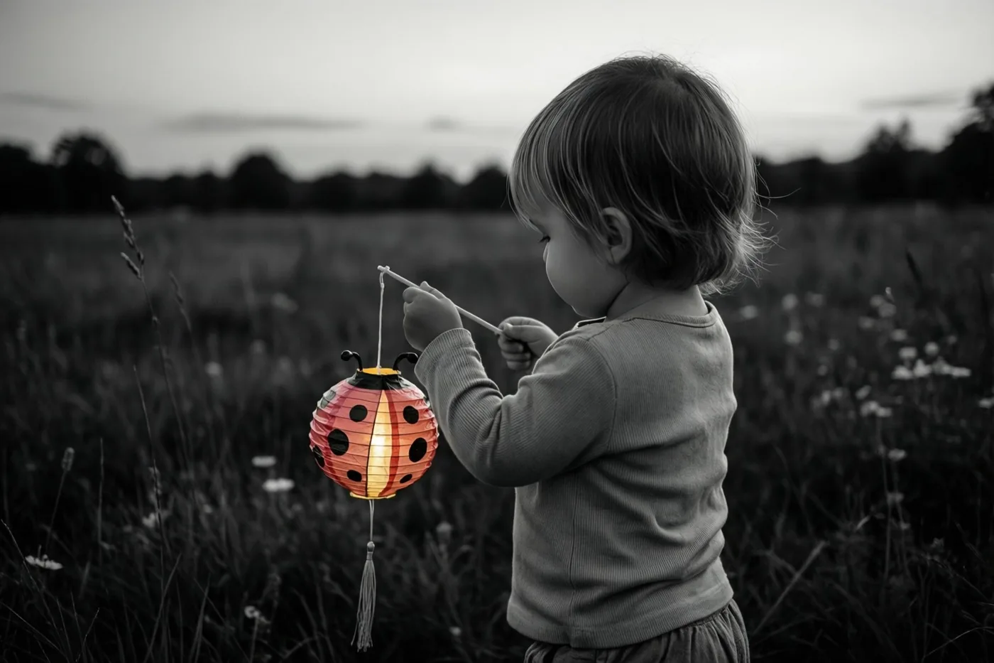 Een peuter staat in een grasveld in de schemering met een papieren lieveheersbeestjeslantaarn waarvan het warme oranje licht opvalt in het verder vrijwel monochrome beeld.