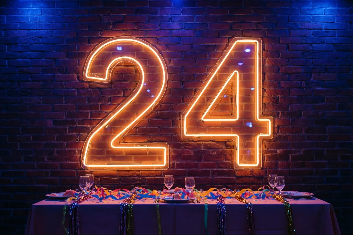 Een groot oranje neongetal 24 hangt aan een donkere bakstenen muur boven een feesttafel met glazen en kleurrijke slingers in blauw licht.