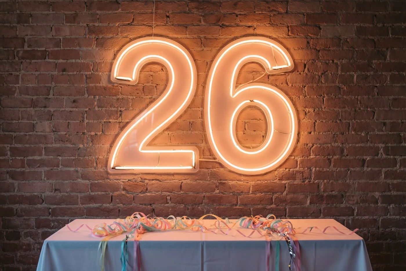 Een groot oranje neongetal 26 hangt aan een rode bakstenen muur boven een tafel met een lichtblauw kleed en kleurrijke slingers.