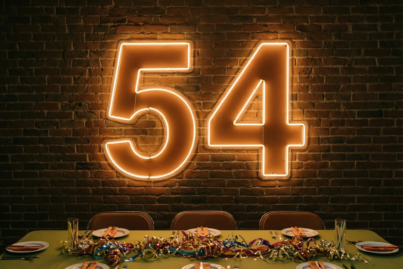 Een oranje neonbord met het getal 54 hangt aan een donkere bakstenen muur boven een feestelijk gedekte tafel.