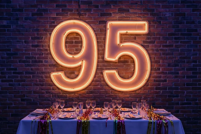 Een oranje neongetal 95 hangt aan een donkere bakstenen muur boven een gedekte feesttafel met een lichtblauw tafellaken en kleurrijke slingers in gedempt licht.