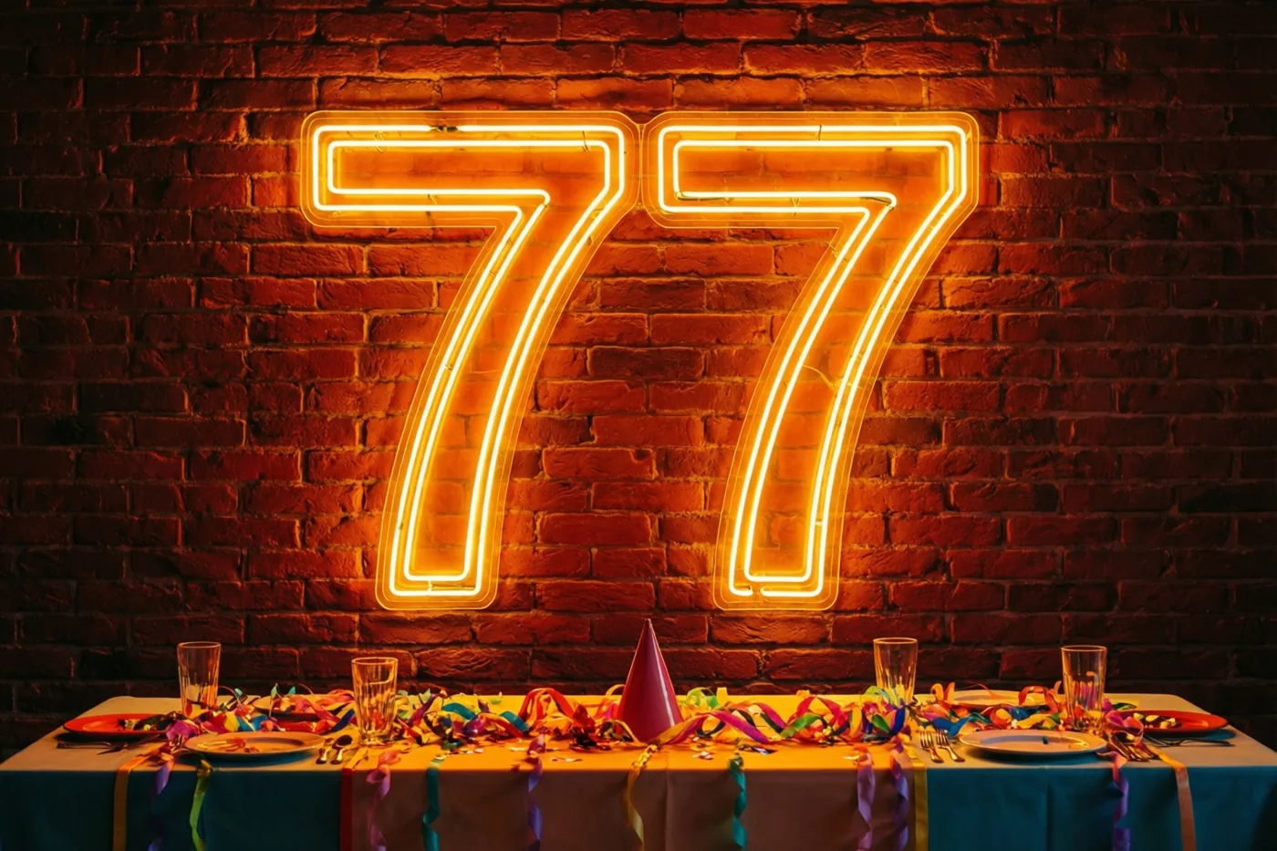 Oranje neonlicht vormt 77 op een rode bakstenen muur boven een tafel met een blauw tafellaken, kleurrijke slingers en feestversiering.