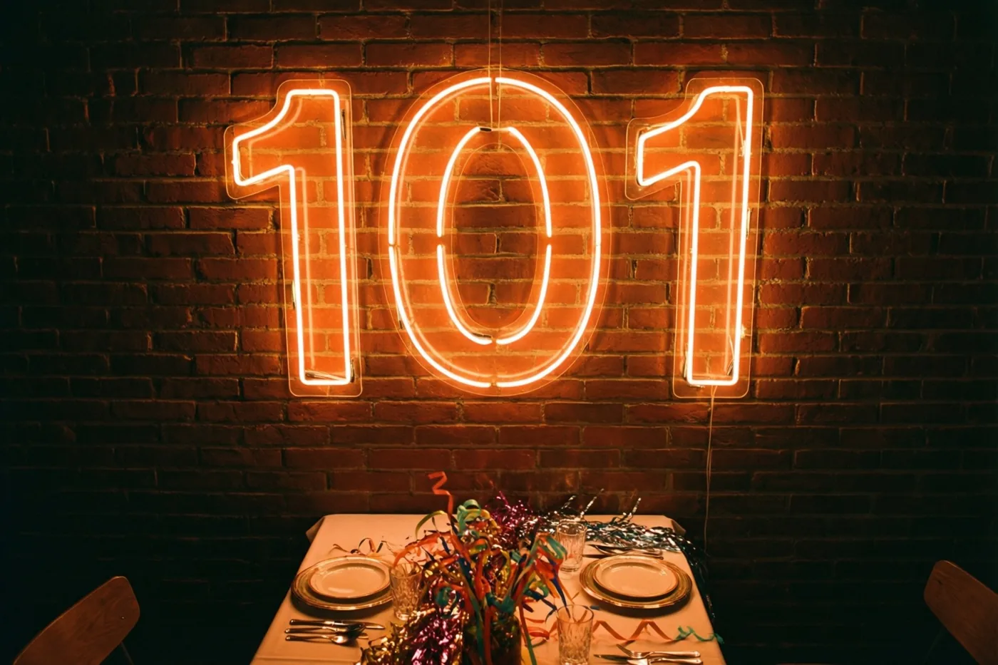 Oranje neonlicht vormt 101 op een donkere bakstenen muur boven een feestelijk gedekte tafel, in warme oranje en rode tinten.