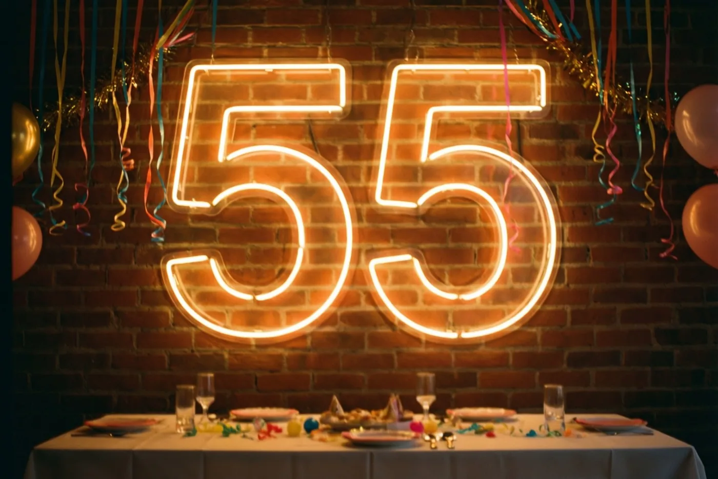 Een oranje neongetal 55 hangt aan een rode bakstenen muur boven een feesttafel, tussen kleurrijke slingers en ballonnen.