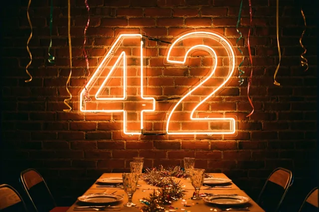 Een oranje neongetal 42 hangt aan een bakstenen muur boven een gedekte tafel met feestelijk servies en kleurrijke slingers.