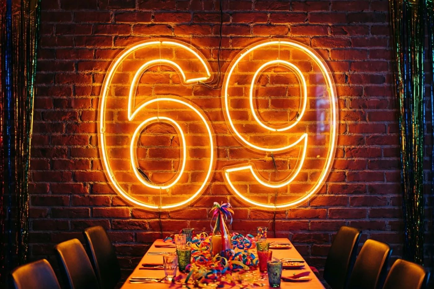 Een groot oranje neongetal 69 hangt aan een rode bakstenen muur boven een feesttafel met kleurrijke slingers en glazen.