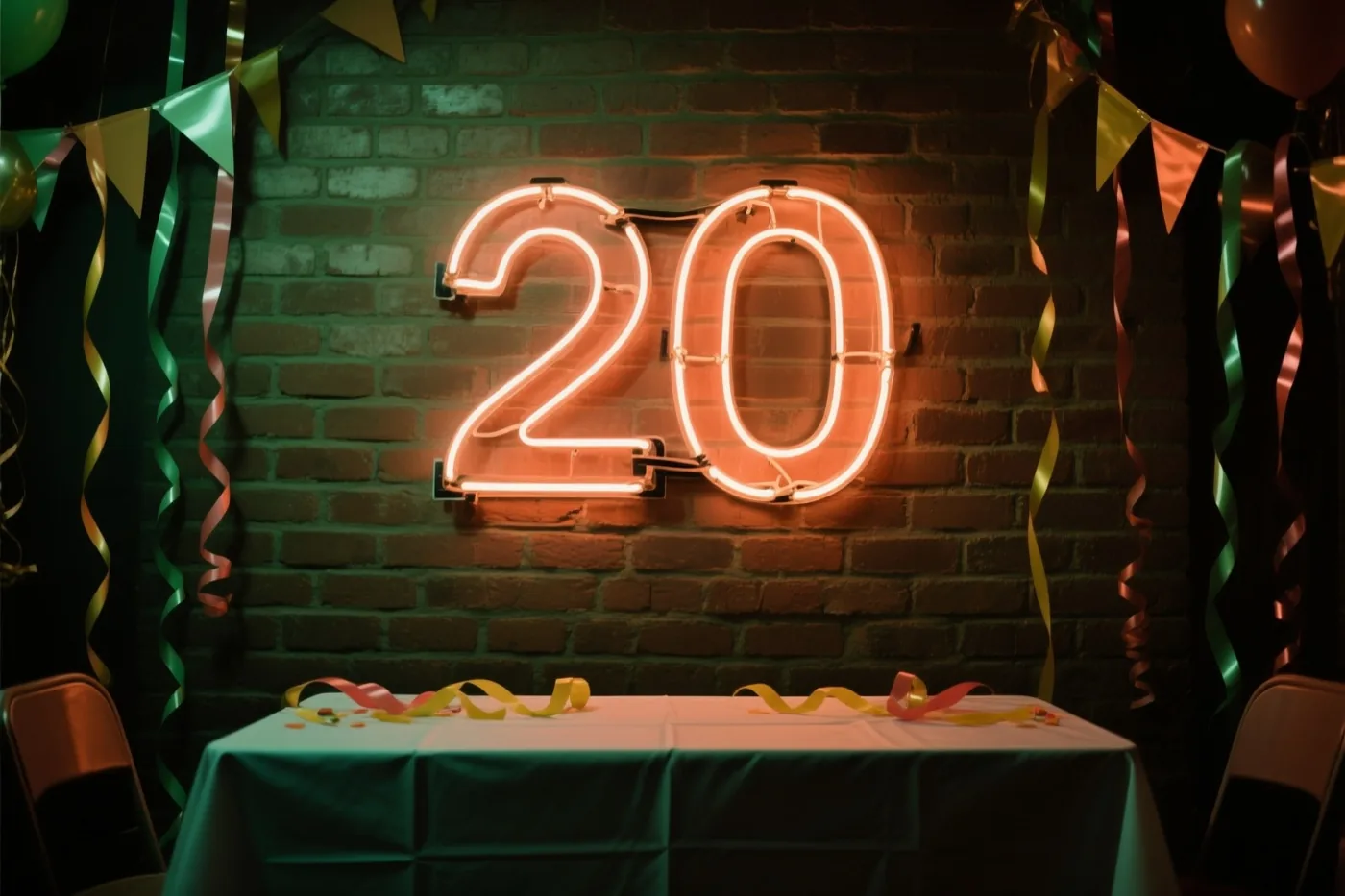 Een oranje neonbord met 20 hangt aan een donkere bakstenen muur boven een tafel met een groen tafelkleed, omringd door kleurrijke slingers en ballonnen.