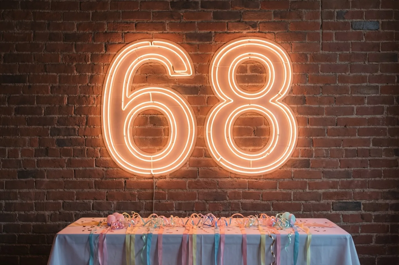 Een groot oranje neongetal 68 hangt aan een rode bakstenen muur boven een feesttafel met een wit kleed, kleurrijke slingers en confetti.