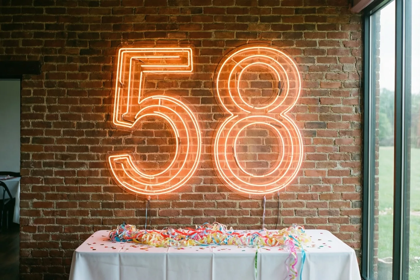 Een oranje neongetal 58 hangt aan een rode bakstenen muur boven een tafel met een wit kleed, gekleurde slingers en confetti.