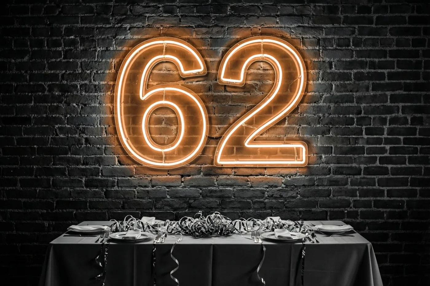 Een oranje neongetal 62 hangt tegen een donkere bakstenen muur boven een gedekte feesttafel met zilveren serpentines.