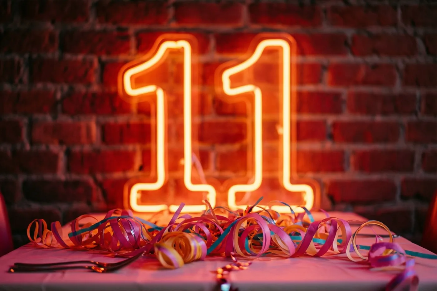 Een oranje neongetal 11 hangt aan een rode bakstenen muur boven een tafel met kleurrijke slingers.