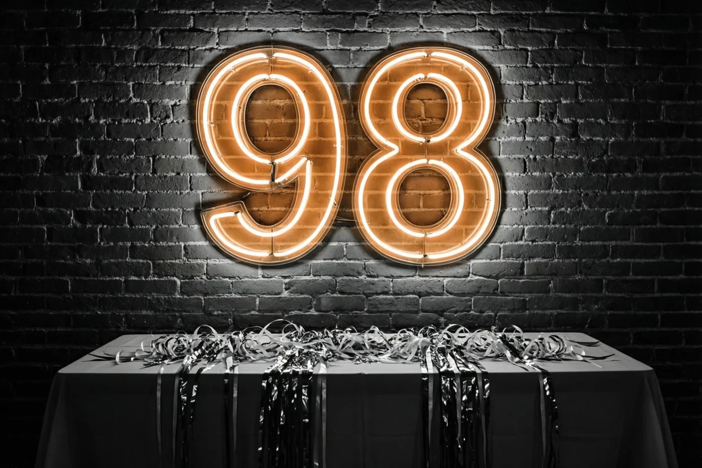 Een oranje neongetal 98 hangt aan een donkere bakstenen muur boven een tafel met een wit kleed en zilveren slingers.