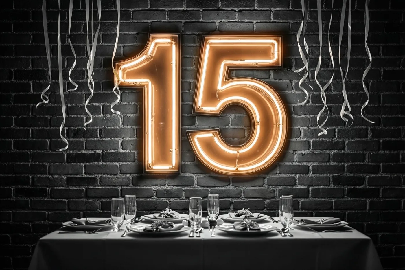Een gedekte feesttafel staat voor een donkere bakstenen muur met een groot oranje neongetal 15 en zilveren slingers erboven.