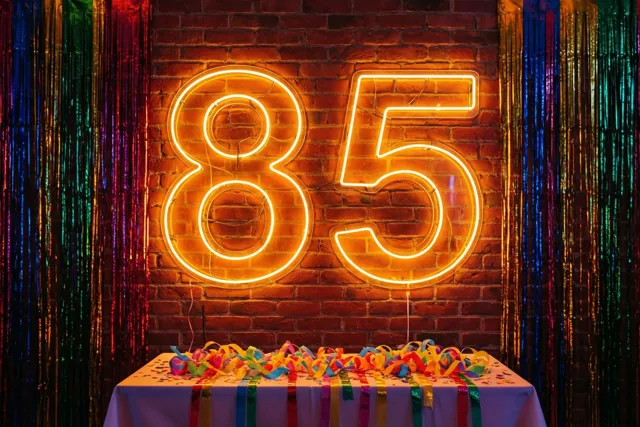 Een oranje neongetal 85 hangt aan een rode bakstenen muur boven een tafel met wit kleed, slingers en confetti, tussen glinsterende gordijnen in regenboogkleuren.